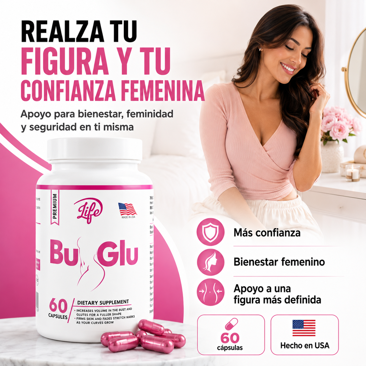 BU-GLU | Suplemento Femenino para Curvas, Firmeza y Equilibrio | Envío Gratis RD