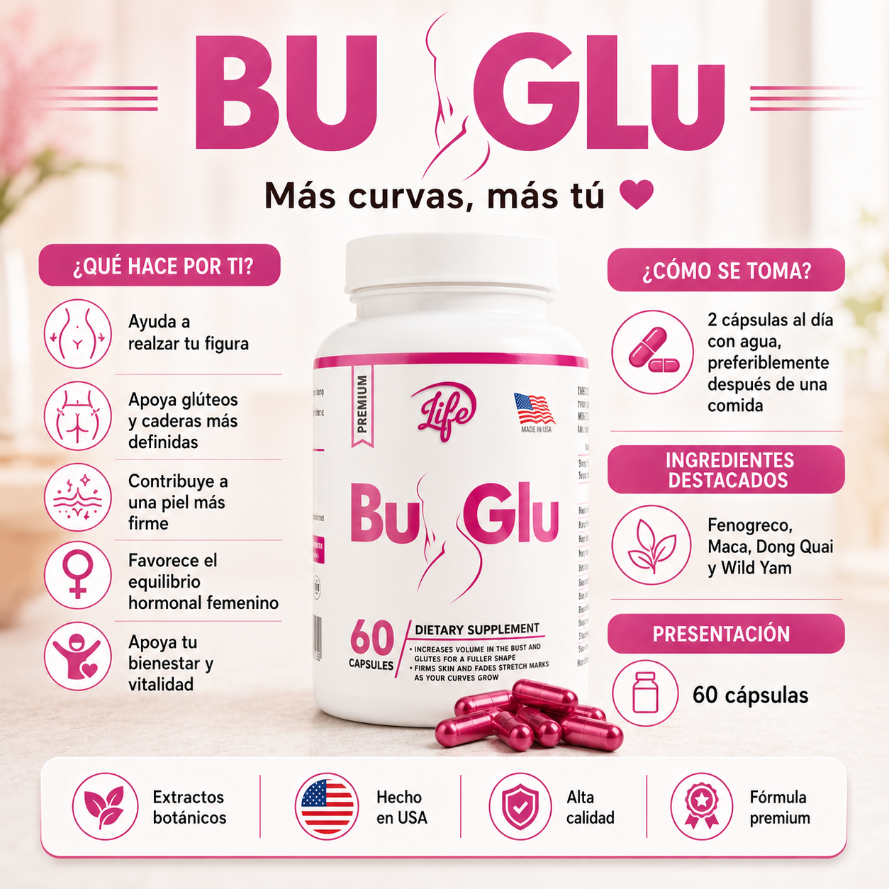 BU-GLU | Suplemento Femenino para Curvas, Firmeza y Equilibrio | Envío Gratis RD