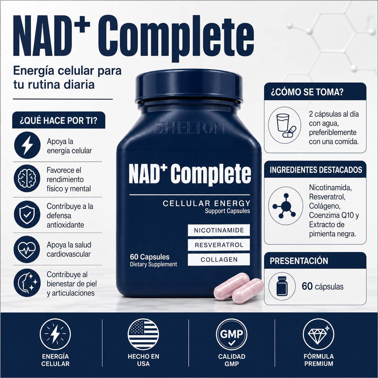 NAD+ Complete Shelton | Energía Celular, Enfoque y Vitalidad | Envío Gratis RD